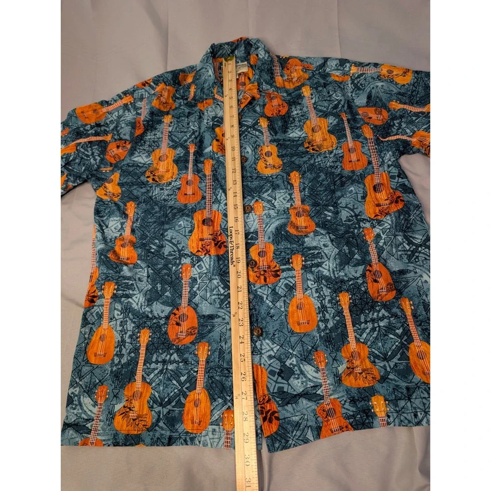 Hilo‎ Hattie Hawaiian Shirt Mens M Blue Orange Ukulele Made in Hawaii 100%Cotton